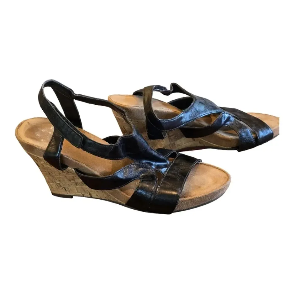 Women's Black Strappy‎ Leather Wedge Sandals Size 10